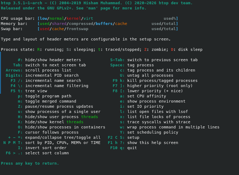 htop memory bar legend showing used, shared, compressed, buffers, and cache colors